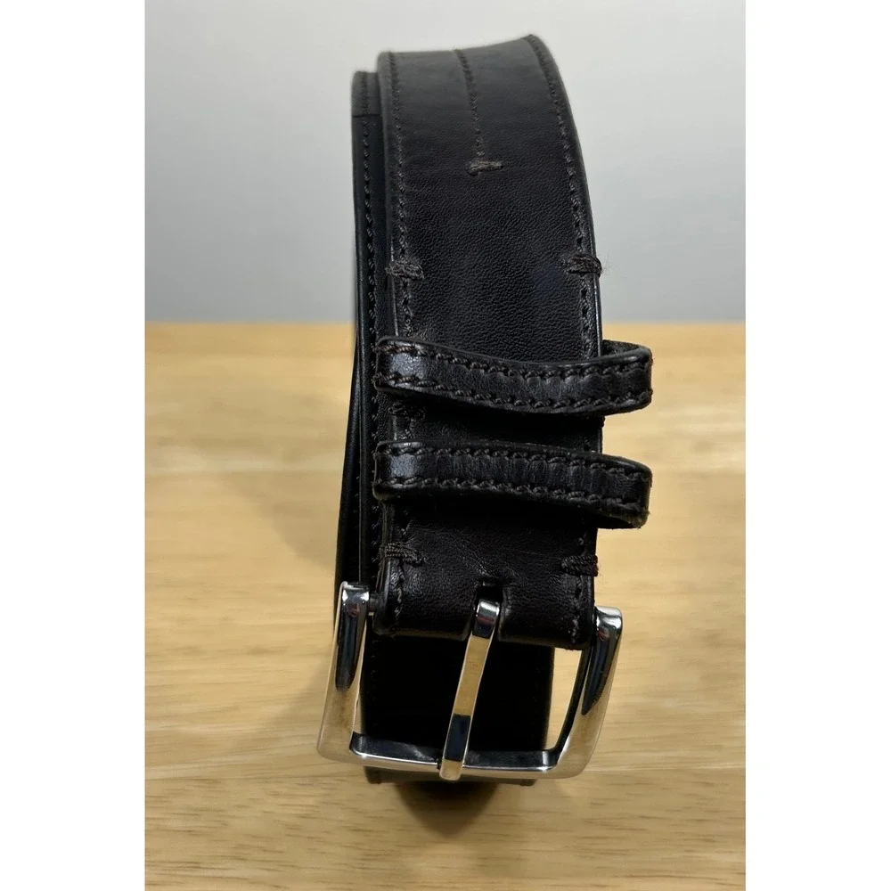 Shinola Leather Belt Mens 40 Dark Brown Double Stitch Silver Buckle USA Made